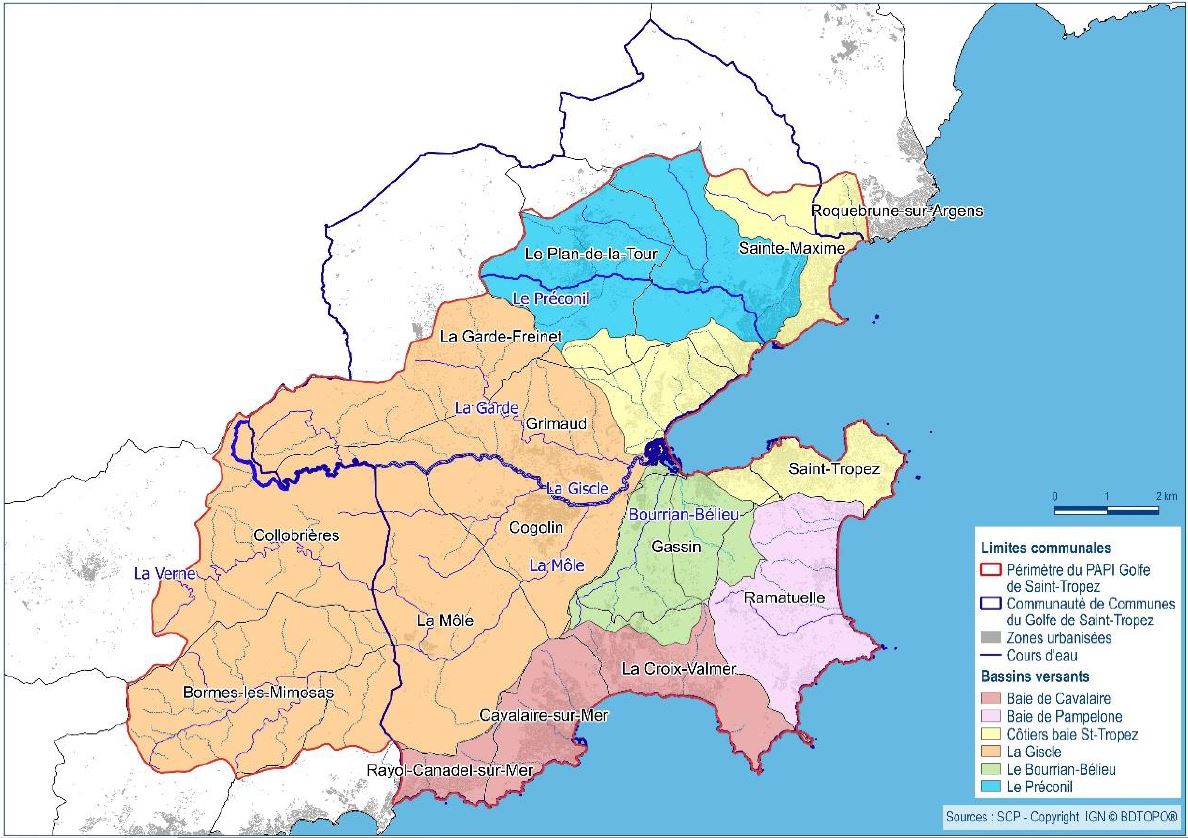 Carte u périmètre du PAPI, ses communes, ses bassins versants